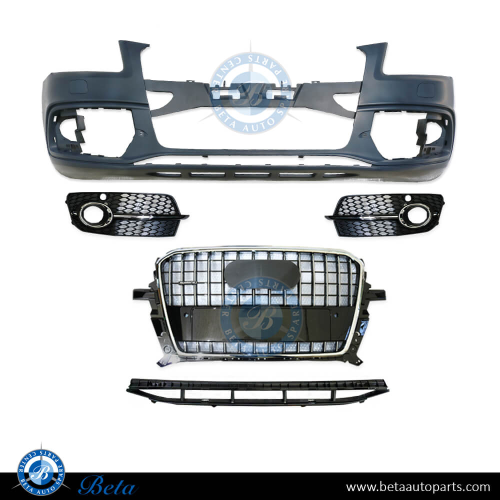 Front bumper assembly with radiator grille for Audi Q5 S-Line 2013-2017 models, Part Number 8R0807105E