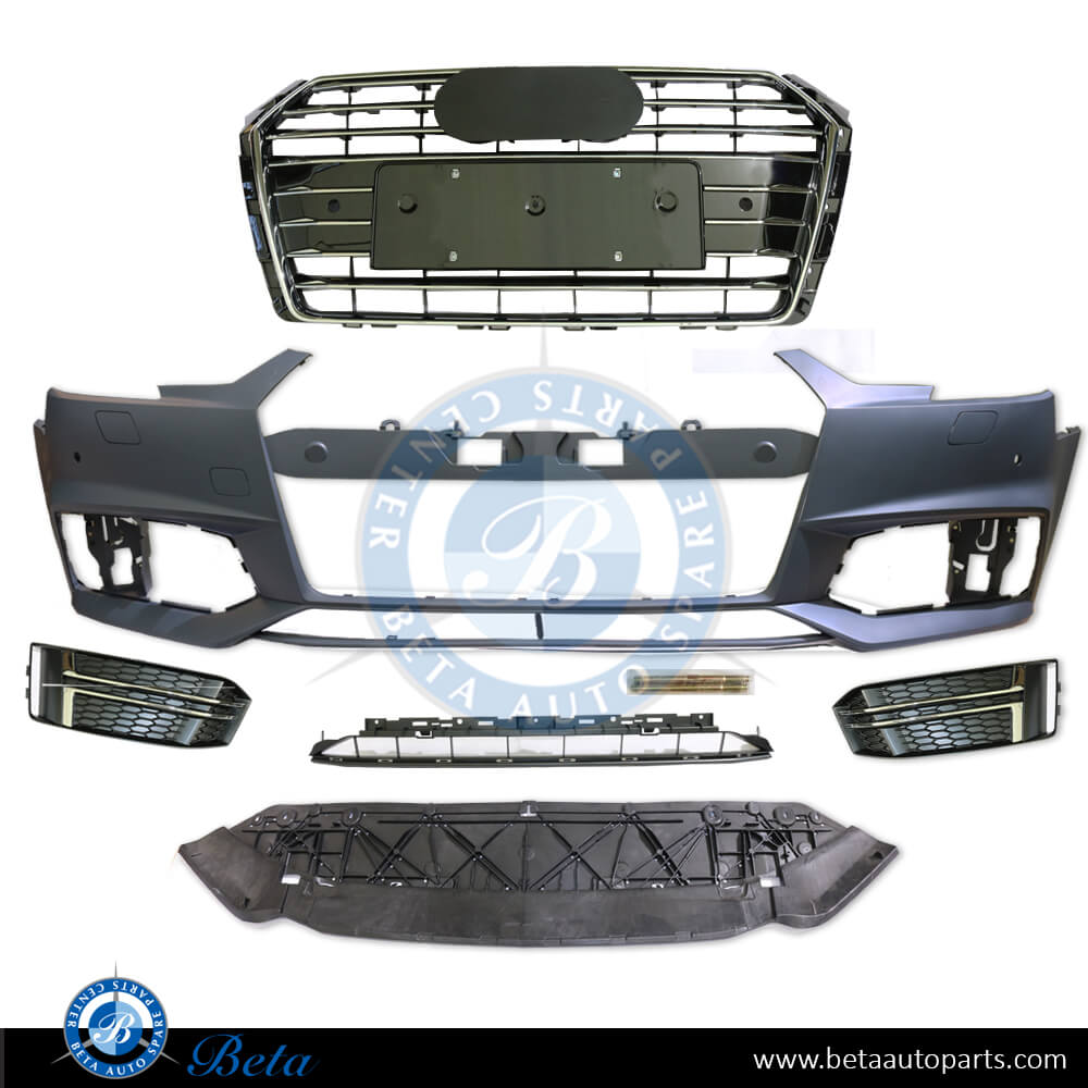 Audi A4 S-Line (2016-up), Front Bumper assembly with Grille, PDC and Washer, China, 8W0807065K